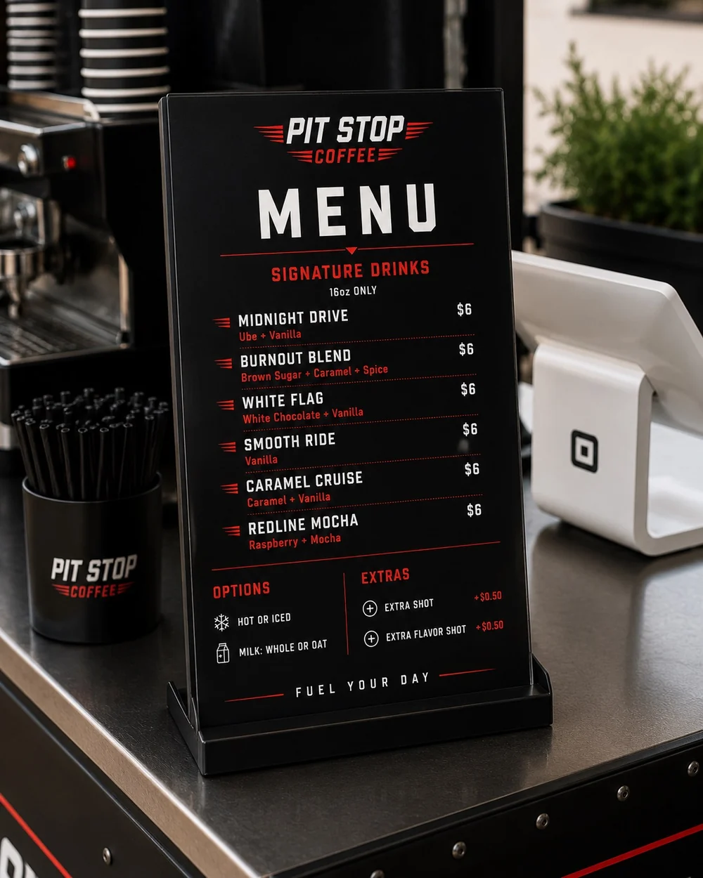 Pit Stop Coffee menu displayed on the mobile coffee cart